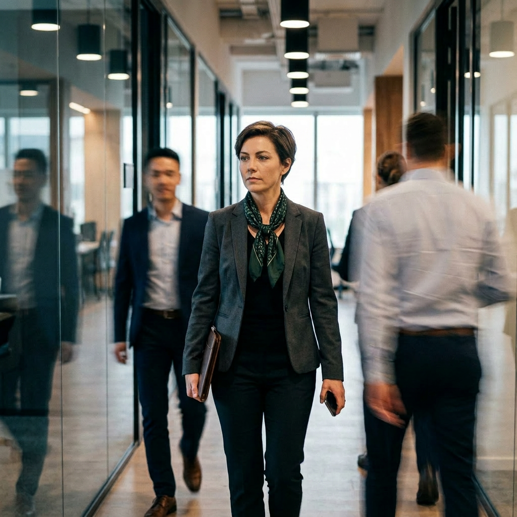 Professional woman in sharp focus walking through a corporate office corridor while colleagues blur past her — career invisibility